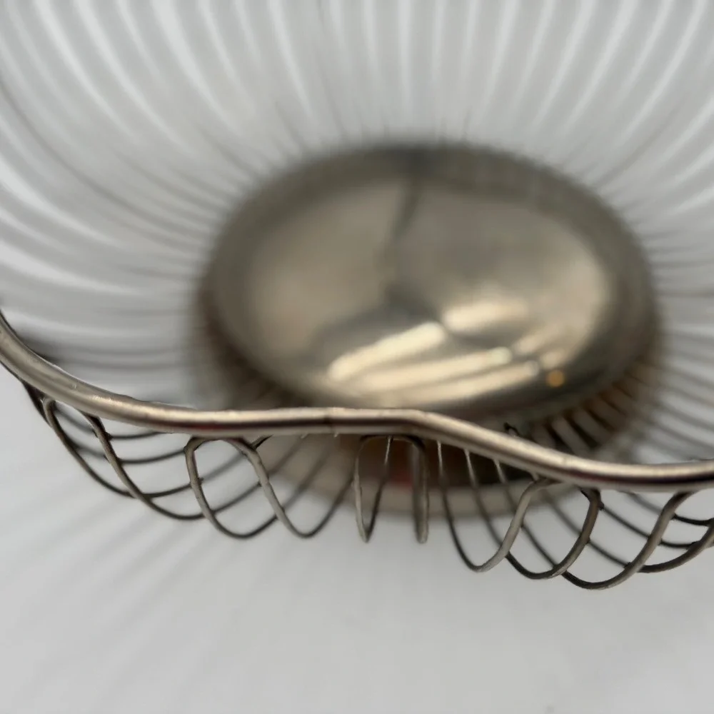 Vintage Silver Tone Wire Fruit Basket Scalloped Rim Mid Century Modern Style
